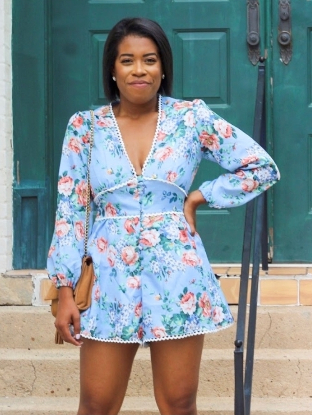 Goodnight Macaroon Floral Lace-Trim Romper in Light Blue Large